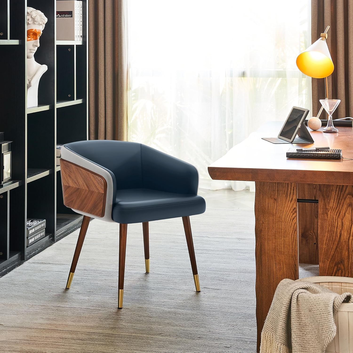 Dining Accent Chair,Modern Faux Leather with Walnut, Mid Century Eucalyptus Upholsted Retro Arm Chair, Metal Legs Dissassembly Adjustable Foot for Kitchen Dining Room,Navy Blue - Open Season Industries