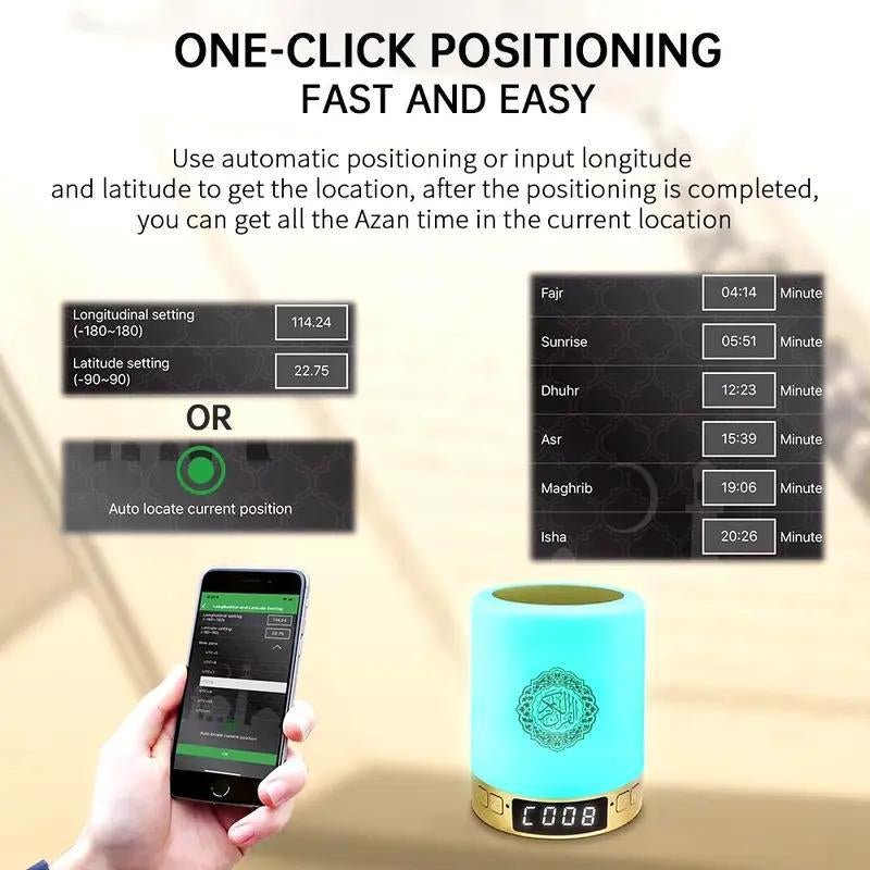 Portable Quran Speaker with ,Azan Bluetooth & Touch LED Light - Remote/App Controlled Islamic Night Lamp for Home Decor Home/Office Touchcontrol Fathersdaygift - Open Season Industries