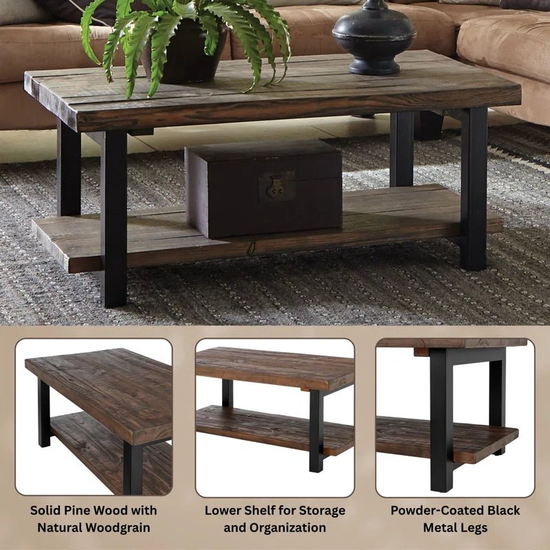 Rundell Pomona Rustic Industrial Modern Vintage Metal and Solid Wood Coffee Table with Storage, Easy Assembly, Small Rectangle Coffee Table, 42 in X 24 in X 18 In - Open Season Industries