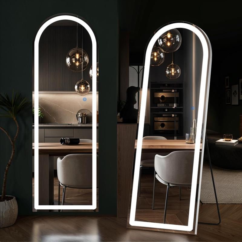 Mirror Full Length Standing with LED Lights, Floor Mirror with Stand, W/Dimming & 3 Color Lighting, Wall Mirror Aluminum Alloy Decor - Open Season Industries