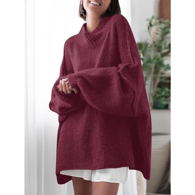 Ebifin Womens Oversized Sweaters Mock Neck Batwing Long Sleeve Fall Trendy Ribbed Knit Casual Tunic Sweater - Open Season Industries