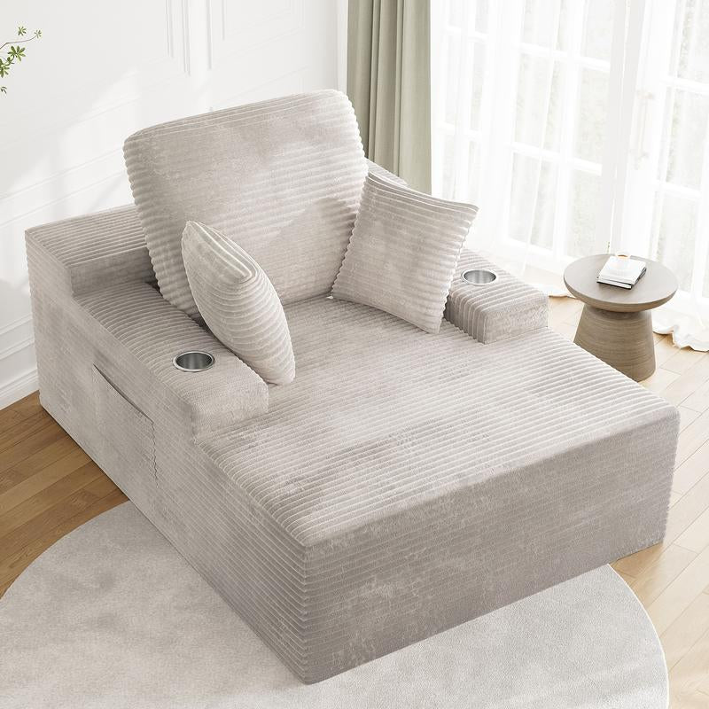 LIKIMIO 49" Oversized Chaise Lounge Sofa Bed with 2 Cup Holders & Storage Pocket - Plush Corduroy Upholstered, No Assembly Cloud Couch for Living Room, Bedroom, or Reading Nook - Open Season Industries
