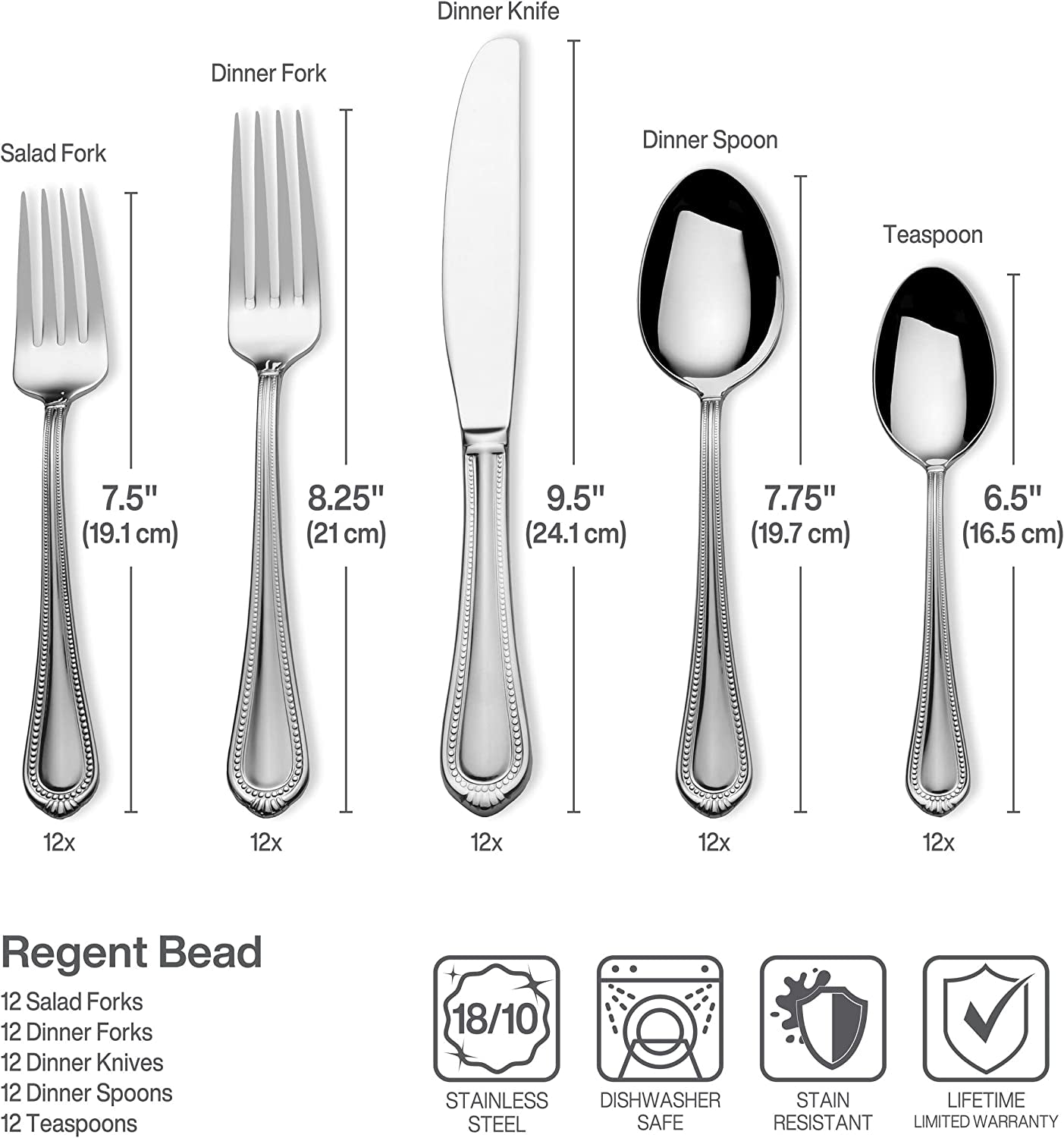 Regent Bead 65 - Piece Flatware Set for 12, 18/10 Stainless Steel Silverware with Full Service and Serving Utensils, Classic Beaded Edge Design - Open Season Industries