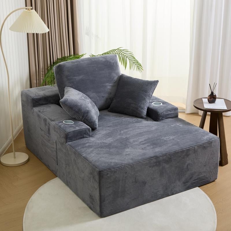LIKIMIO 49" Oversized Chaise Lounge Sofa Bed with 2 Cup Holders & Storage Pocket - Plush Corduroy Upholstered, No Assembly Cloud Couch for Living Room, Bedroom, or Reading Nook - Open Season Industries