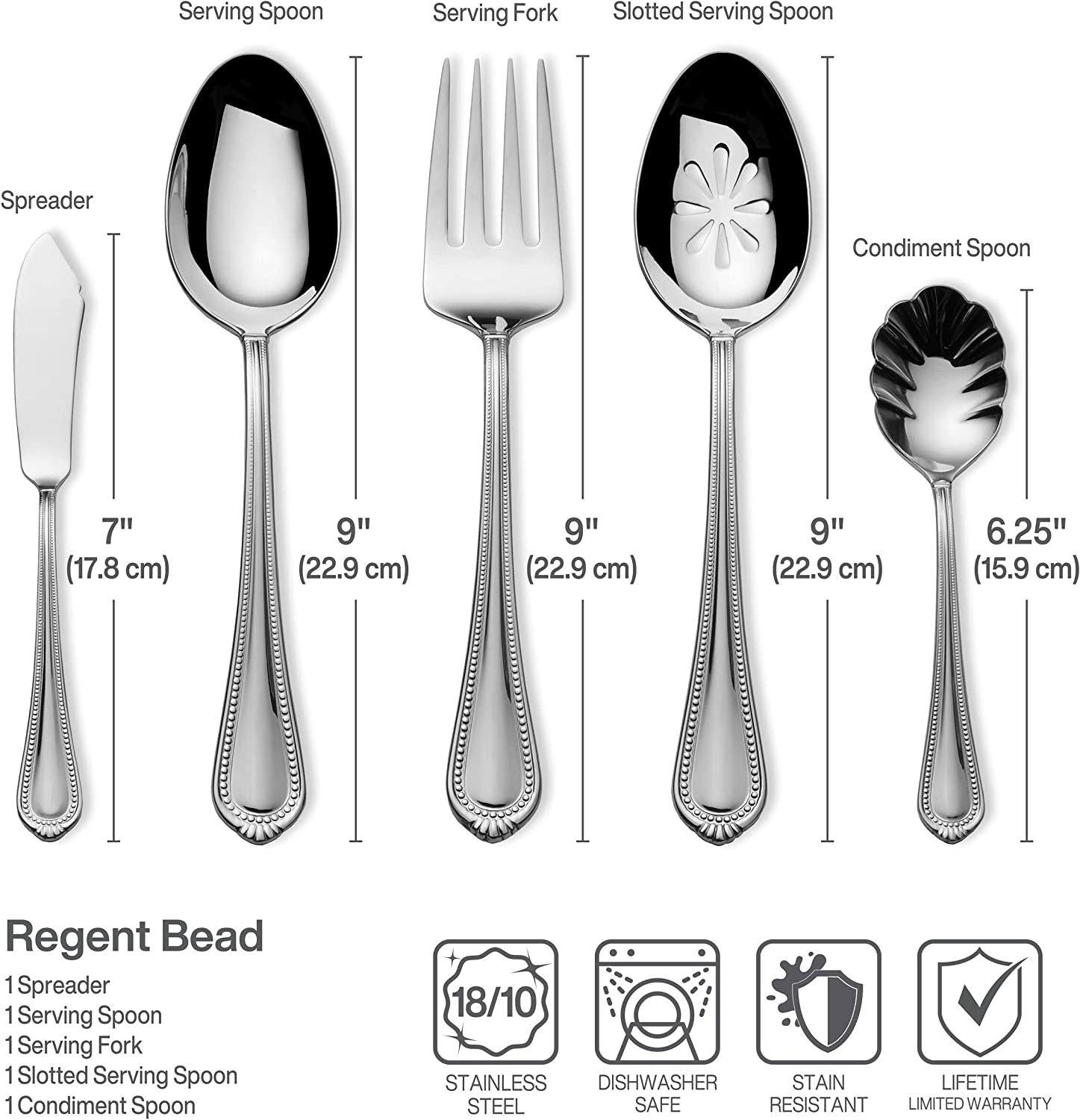 Regent Bead 65 - Piece Flatware Set for 12, 18/10 Stainless Steel Silverware with Full Service and Serving Utensils, Classic Beaded Edge Design - Open Season Industries
