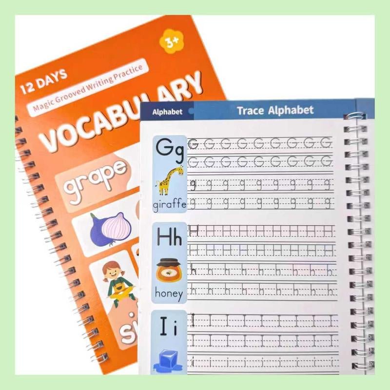 Reusable Grooved Handwriting Workbook for Kids, Learning Materials, 6 Books–Early Elementary, Covers Math, Words, Drawing –Gift for Children Lettering Spiral Notebook School Supplies - Open Season Industries