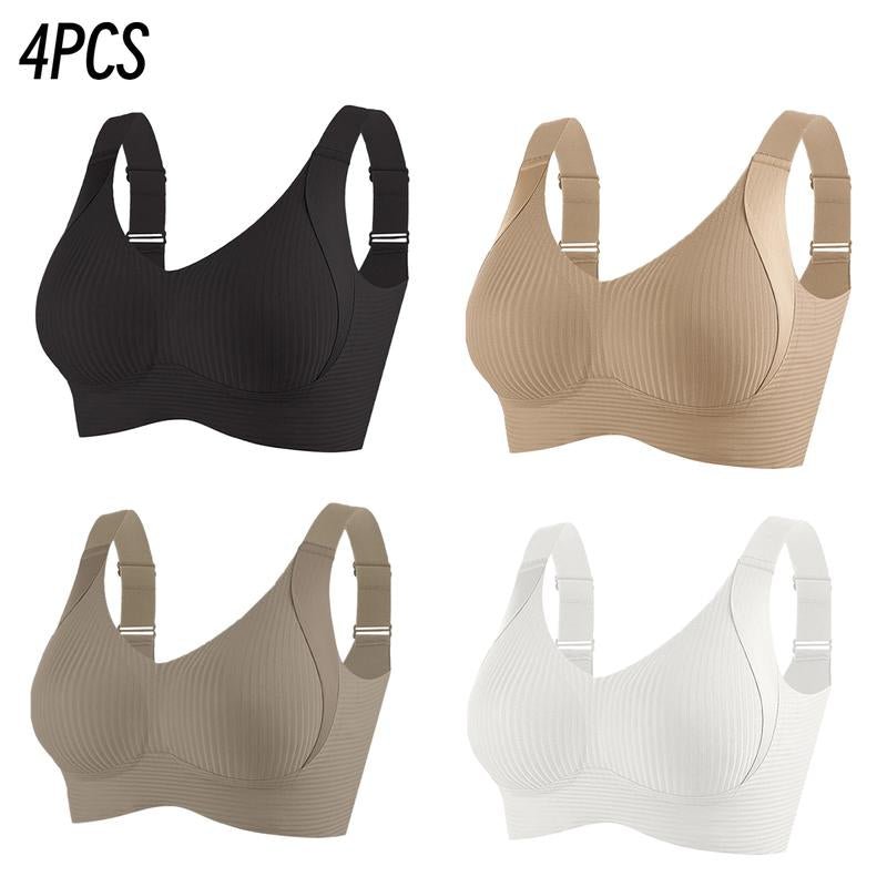 3/4PCS Women'S Ribbed Push up Wireless Bra, Soft Comfortable Breathable Solid Four - Breasted Adjustable Seamless Bra, Women'S Lingerie for All Seasons - Open Season Industries