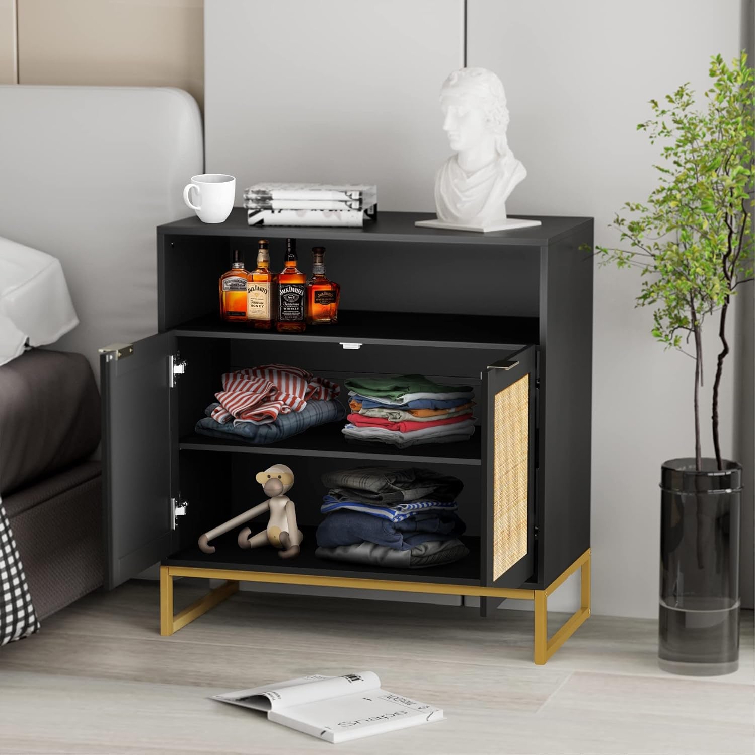 Rattan Cabinet, Storage Cabinet with Doors and Open Shelf Kitchen Sideboard Buffet Cabinet for Dining Room Living Room Hallway Black H0068 - Open Season Industries