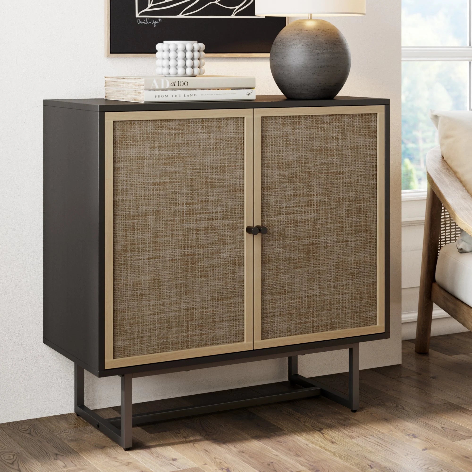Kova Cane Rattan Doors Accent Cabinet with Black Metal Base and Adjustable Shelf - Open Season Industries
