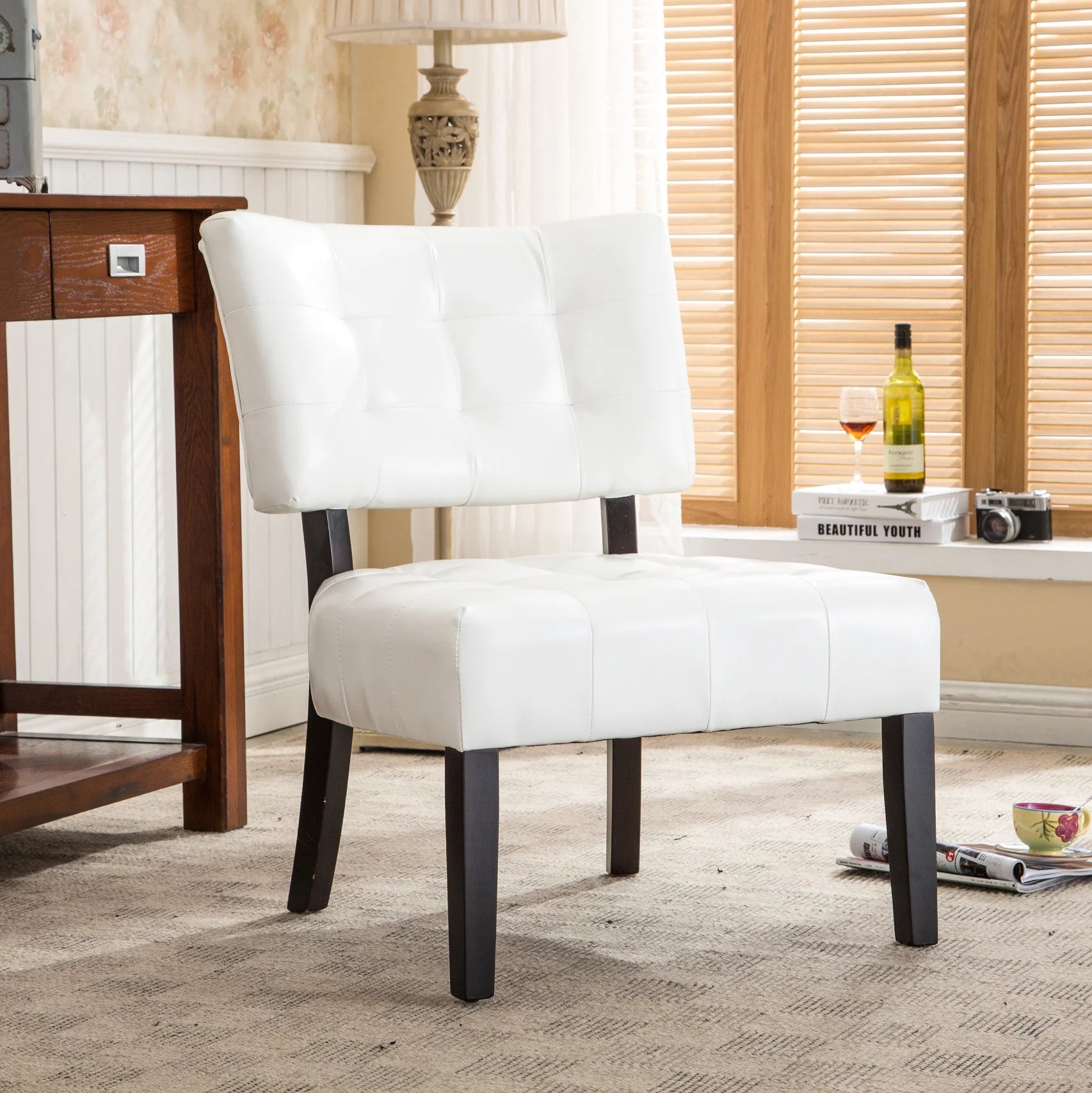 Movile Blended Leather Tufted Accent Chair with Oversized Seating, Ivory - Open Season Industries