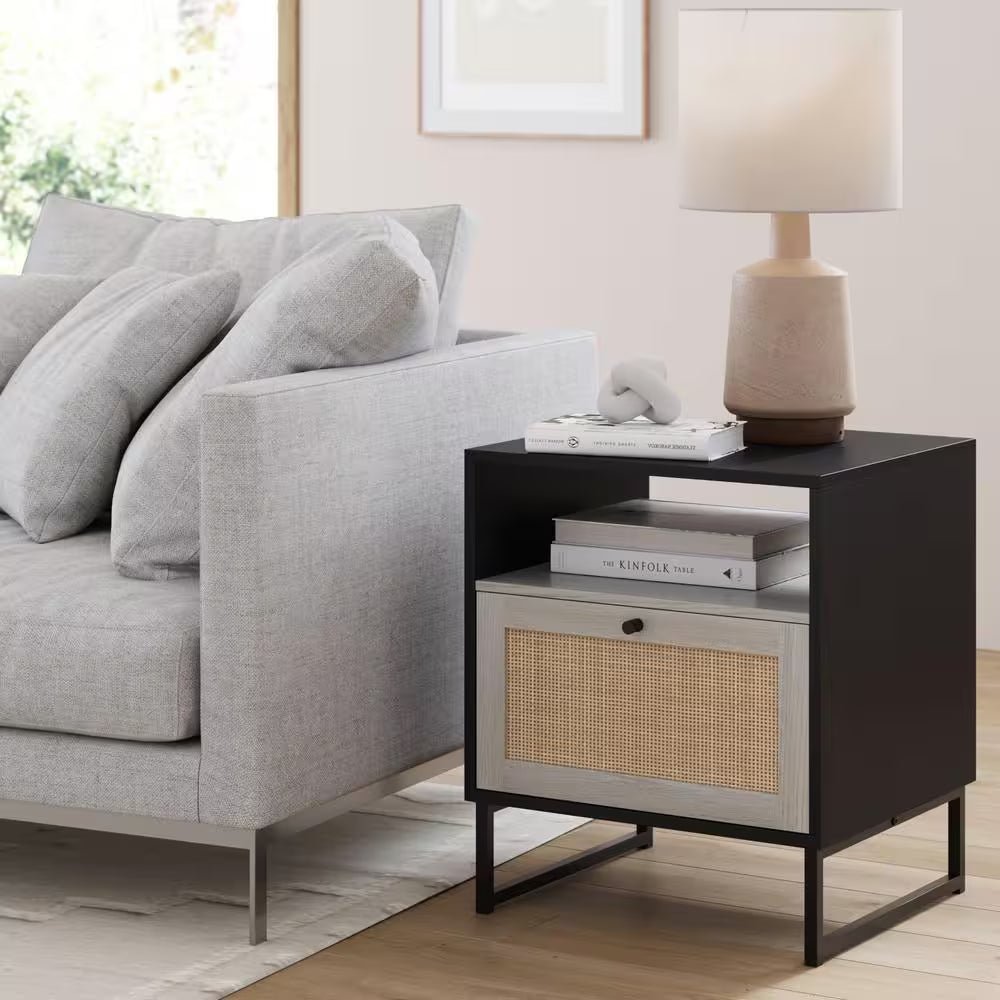 Mina Black Oak/Black Accent Table with Rattan Storage Door Living Room End Table or Bedroom Nightstand - Open Season Industries