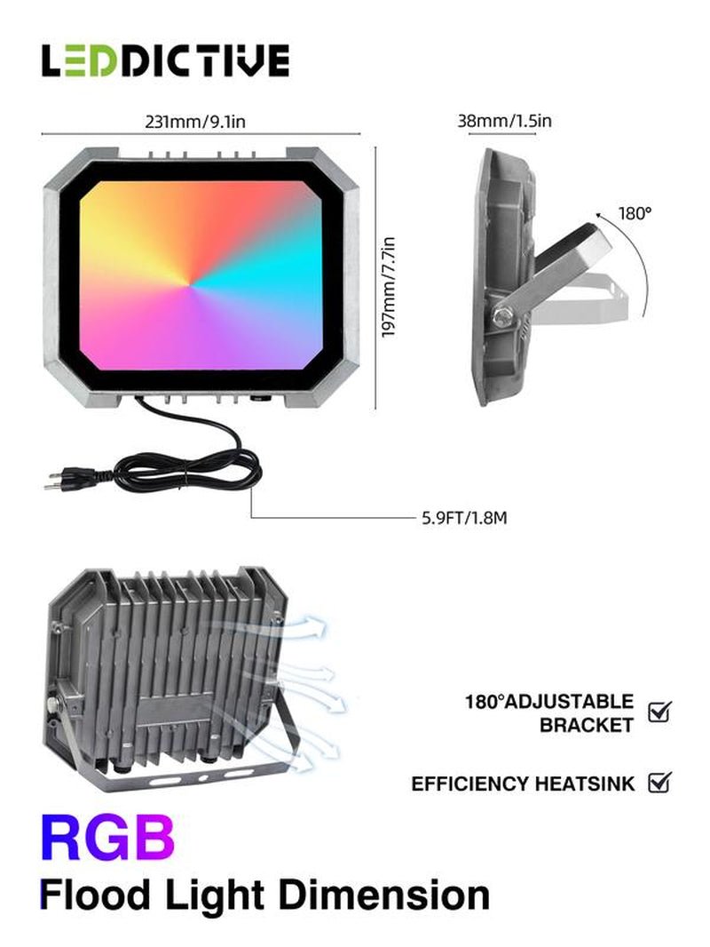 RGB LED Floodlight, 100W=1000W, 2 Remotes, IP66 Waterproof, for Party Stage Esports Lighting and Wall Lighting. Multifunctional - Open Season Industries