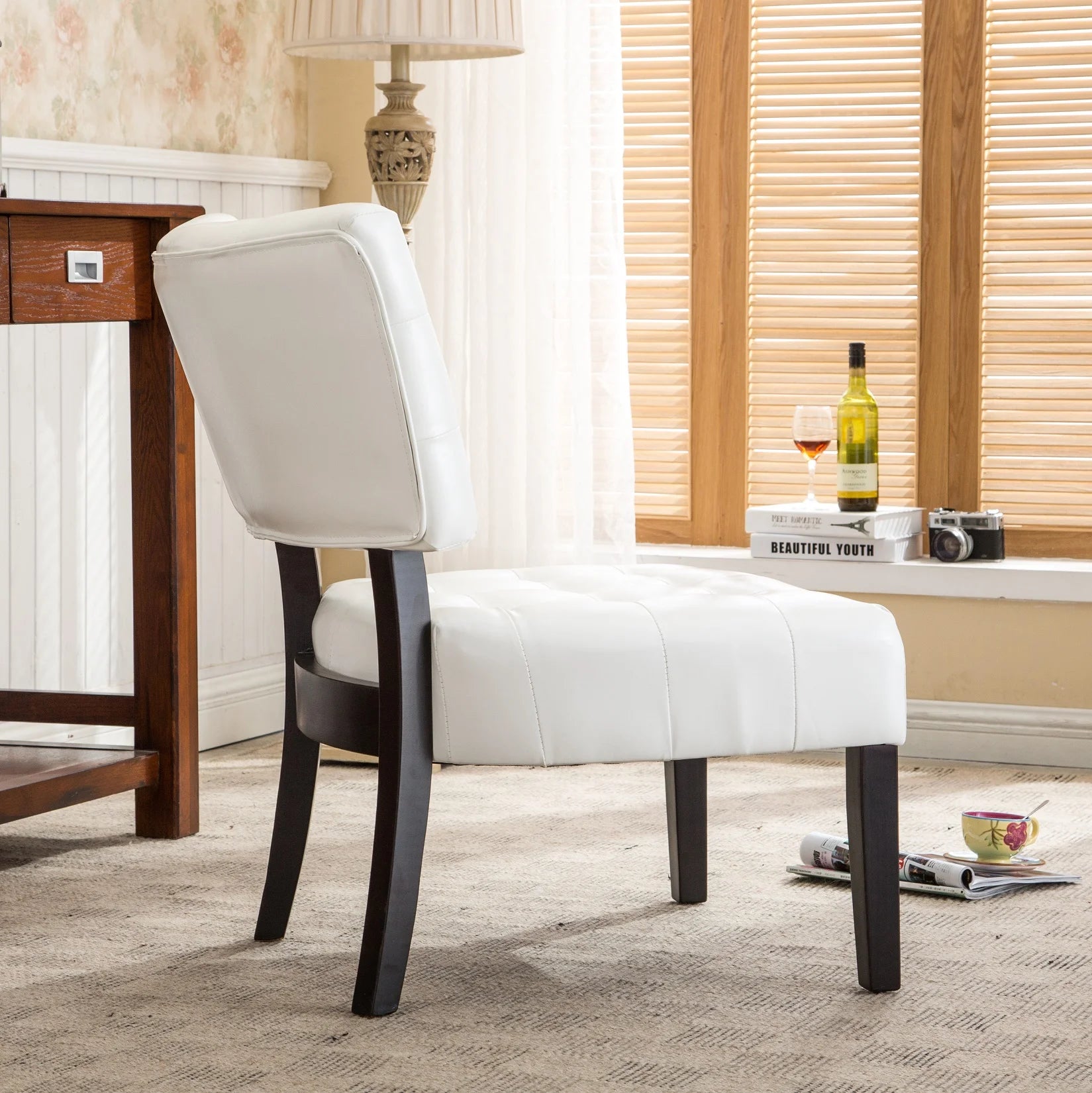 Movile Blended Leather Tufted Accent Chair with Oversized Seating, Ivory - Open Season Industries