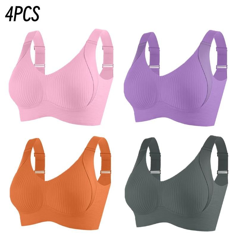 3/4PCS Women'S Ribbed Push up Wireless Bra, Soft Comfortable Breathable Solid Four - Breasted Adjustable Seamless Bra, Women'S Lingerie for All Seasons - Open Season Industries
