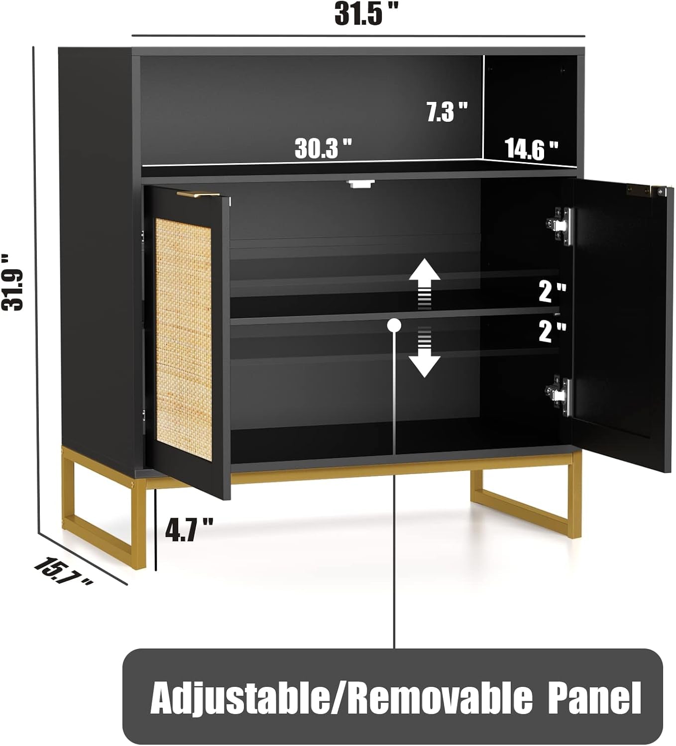 Rattan Cabinet, Storage Cabinet with Doors and Open Shelf Kitchen Sideboard Buffet Cabinet for Dining Room Living Room Hallway Black H0068 - Open Season Industries
