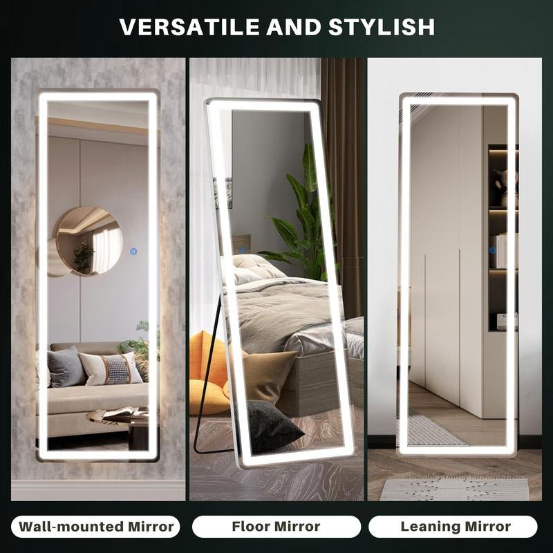 Mirror Full Length Standing with LED Lights, Floor Mirror with Stand, W/Dimming & 3 Color Lighting, Wall Mirror Aluminum Alloy Decor - Open Season Industries