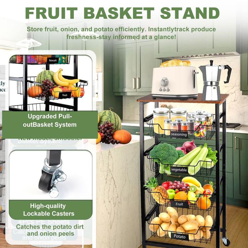 4 - Tier Rolling Kitchen Utility Cart with Wood Top & Mesh Baskets - Mobile Storage for Fruits, Vegetables, Pantry, Laundry & More - Open Season Industries