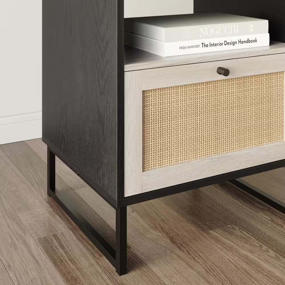 Mina Black Oak/Black Accent Table with Rattan Storage Door Living Room End Table or Bedroom Nightstand - Open Season Industries