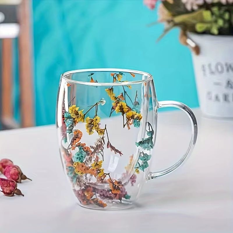 Double Wall Clear Glass Coffee Mugs Creative Clear Glass Cups with Handle Flowers Double Insulated Glass Cup for Hot Cold - Open Season Industries