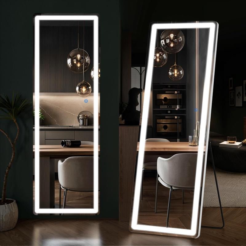 Mirror Full Length Standing with LED Lights, Floor Mirror with Stand, W/Dimming & 3 Color Lighting, Wall Mirror Aluminum Alloy Decor - Open Season Industries