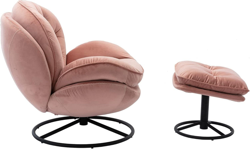 Velvet Cozy Chaise Lounge Indoor, Oversized Swivel Reading Chair with Footrest, Accent Chair with Ottoman Set for Living Room, Bedroom, Reading Room, Home Office, Metal Base Frame (Rose Pink) - Open Season Industries