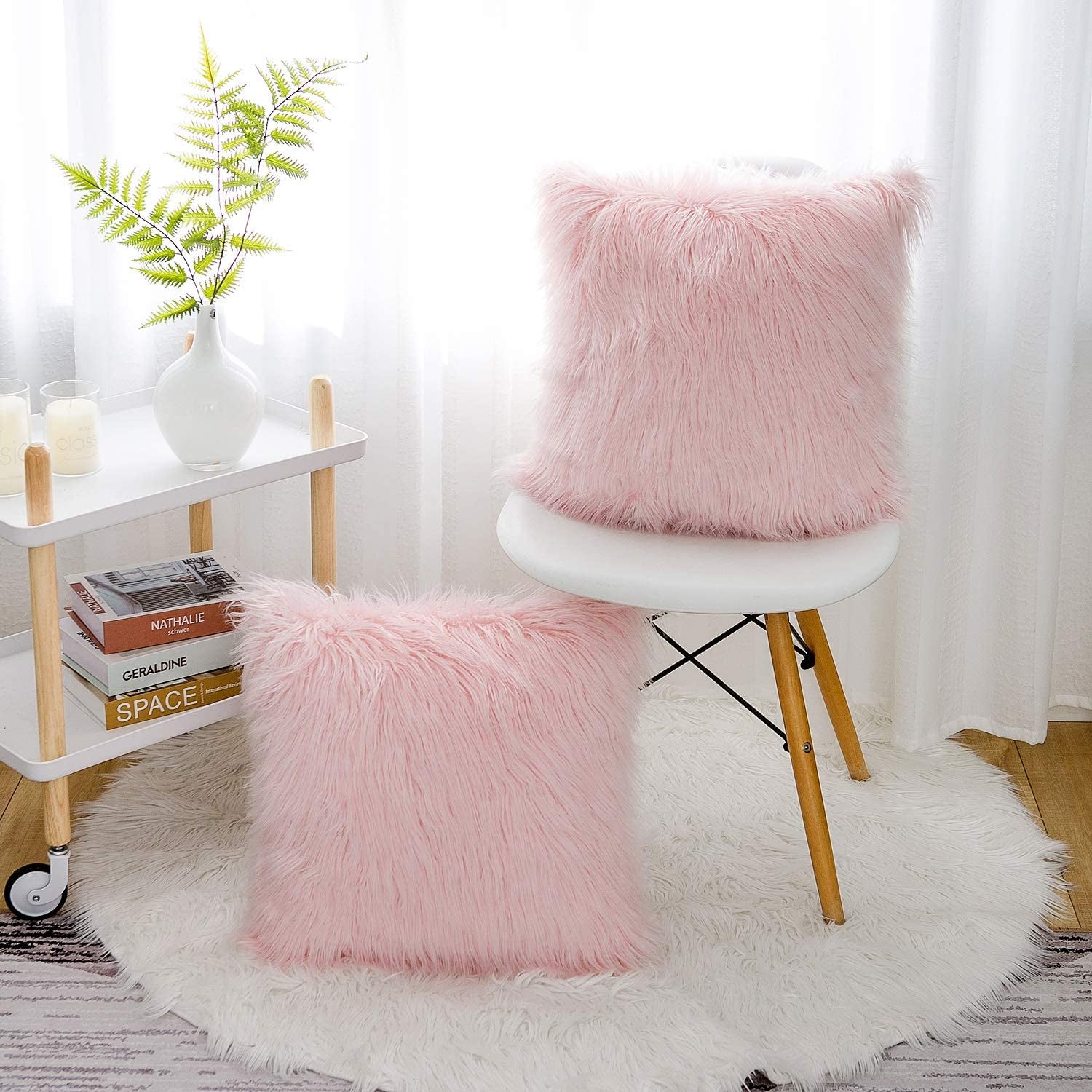 Set of 2 Pink Fluffy Pillow Covers New Luxury Series Merino Style Blush Faux Fur Decorative Throw Pillow Covers Square Fuzzy Cushion Case 18X18 Inch - Open Season Industries