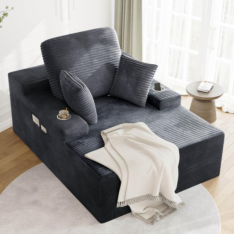 LIKIMIO 49" Oversized Chaise Lounge Sofa Bed with 2 Cup Holders & Storage Pocket - Plush Corduroy Upholstered, No Assembly Cloud Couch for Living Room, Bedroom, or Reading Nook - Open Season Industries