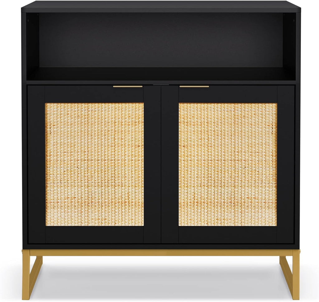 Rattan Cabinet, Storage Cabinet with Doors and Open Shelf Kitchen Sideboard Buffet Cabinet for Dining Room Living Room Hallway Black H0068 - Open Season Industries