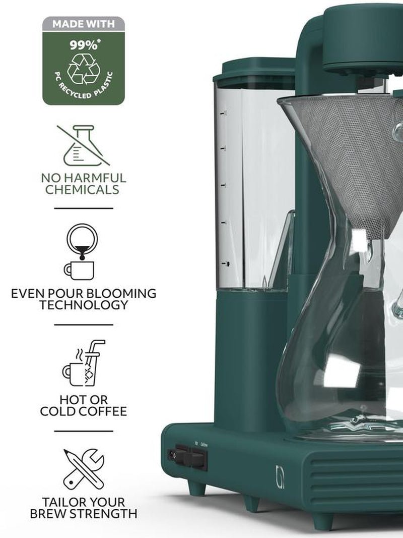 Cookwithwillow - Automatic Pour over Coffee Maker with Glass Carafe and Drip Feature, Brews Hot and Ice Coffee, Made with 99% Recycled Plastics Green Silicone - Open Season Industries