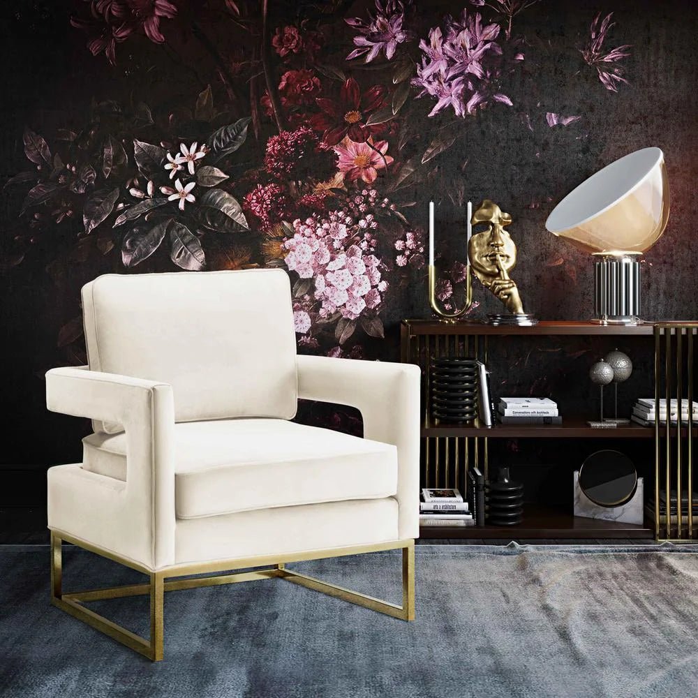 Avery Cream Velvet Accent Chair with Gold Base - Open Season Industries