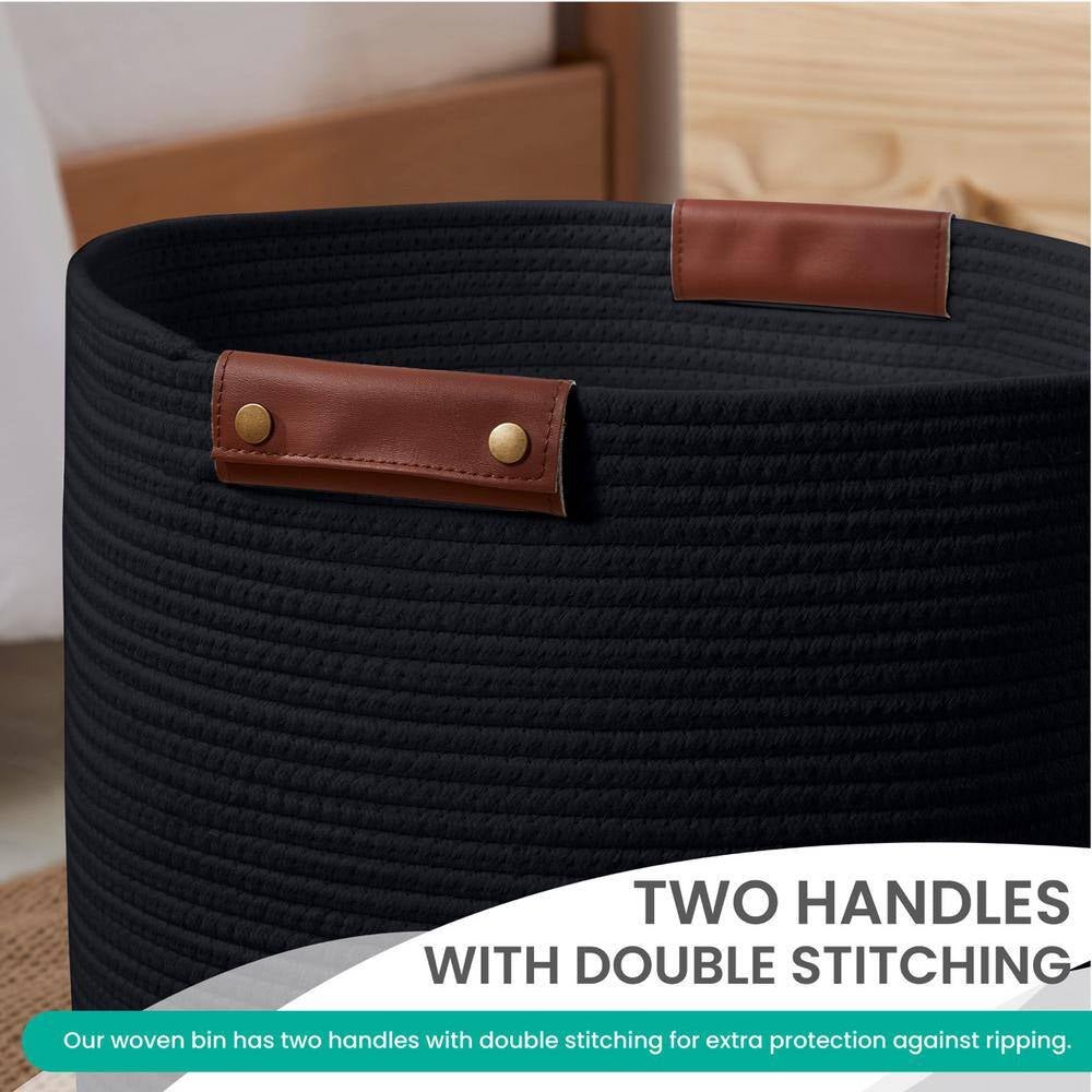 100% Cotton Fabric Rope Storage Basket Basket with Leather Handles 16 In. X 18 In. - Open Season Industries