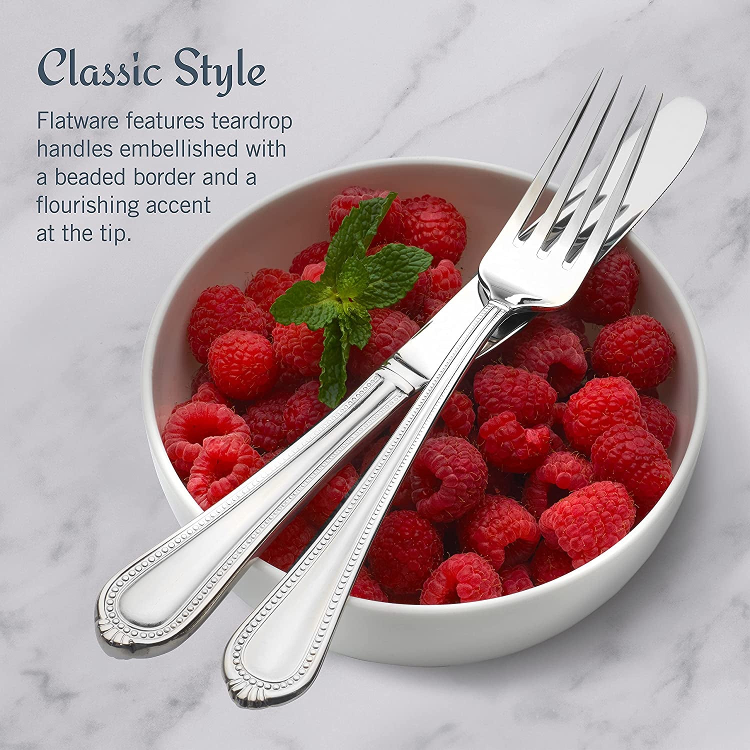 Regent Bead 65 - Piece Flatware Set for 12, 18/10 Stainless Steel Silverware with Full Service and Serving Utensils, Classic Beaded Edge Design - Open Season Industries