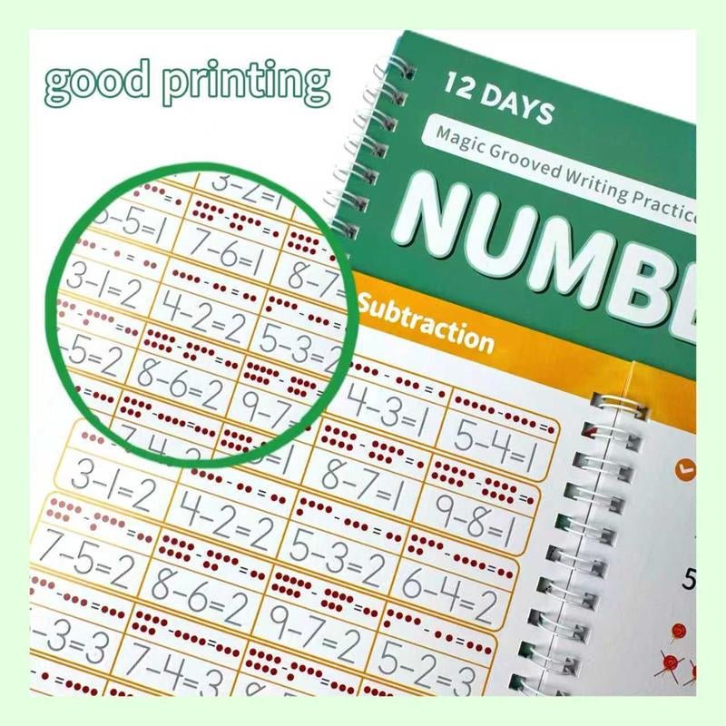 Reusable Grooved Handwriting Workbook for Kids, Learning Materials, 6 Books–Early Elementary, Covers Math, Words, Drawing –Gift for Children Lettering Spiral Notebook School Supplies - Open Season Industries