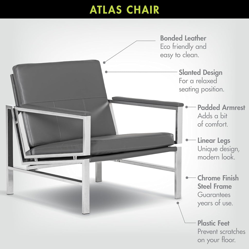 Atlas Modern Accent Chair in Blended Leather, Chrome / Gray - Open Season Industries