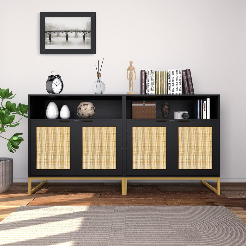 Rattan Cabinet, Storage Cabinet with Doors and Open Shelf Kitchen Sideboard Buffet Cabinet for Dining Room Living Room Hallway Black H0068 - Open Season Industries