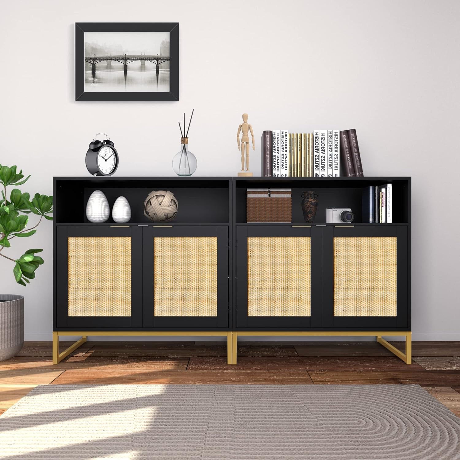 Rattan Cabinet, Storage Cabinet with Doors and Open Shelf Kitchen Sideboard Buffet Cabinet for Dining Room Living Room Hallway Black H0068 - Open Season Industries