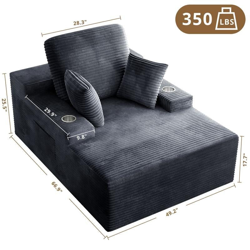 LIKIMIO 49" Oversized Chaise Lounge Sofa Bed with 2 Cup Holders & Storage Pocket - Plush Corduroy Upholstered, No Assembly Cloud Couch for Living Room, Bedroom, or Reading Nook - Open Season Industries