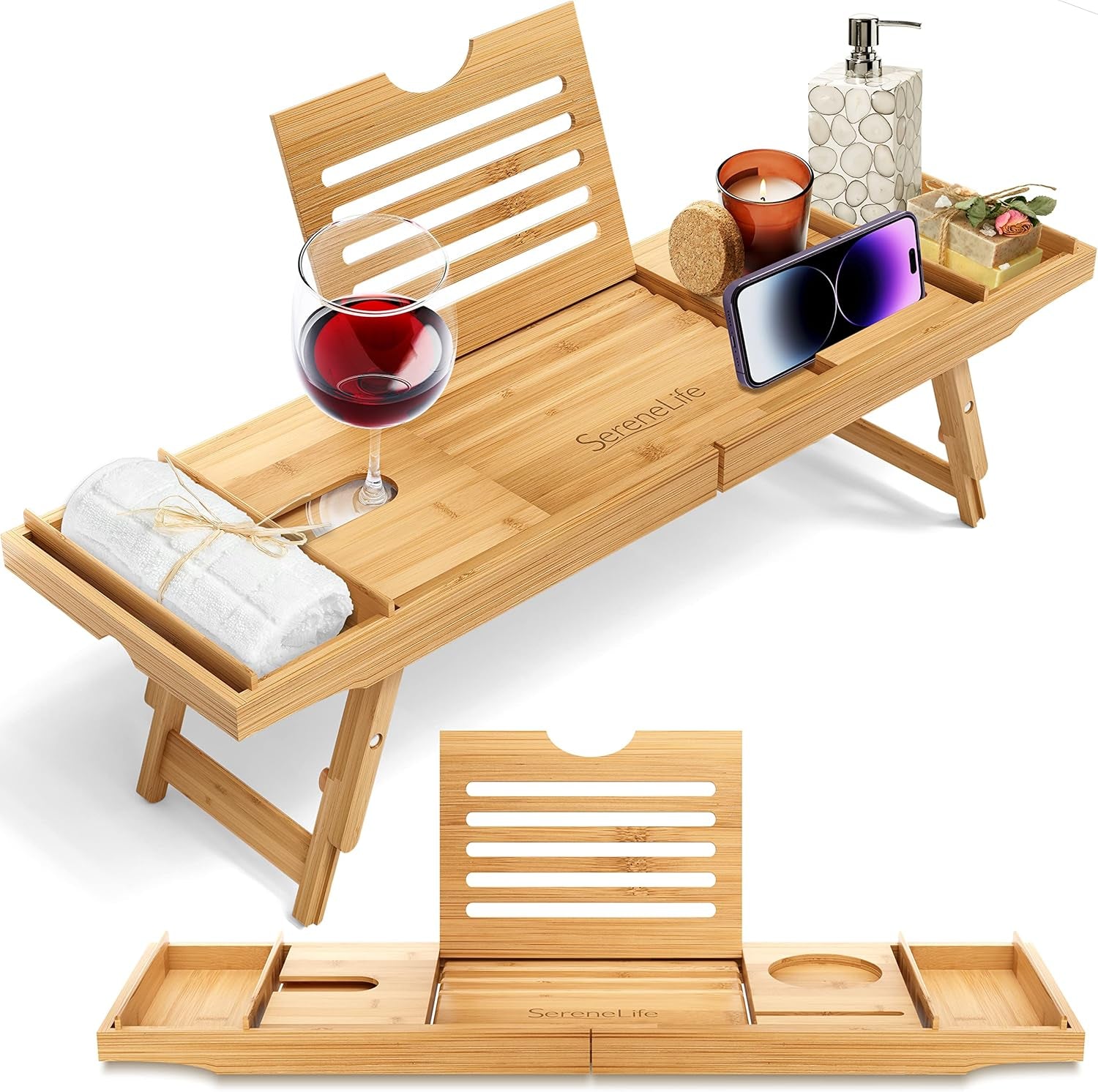 Bath Caddy Breakfast Tray Combo - Natural Bamboo Wood Waterproof Tub and Bed with Folding Slide - Out Arms, Device Grooves, Wine Glass Soap Holder - Open Season Industries