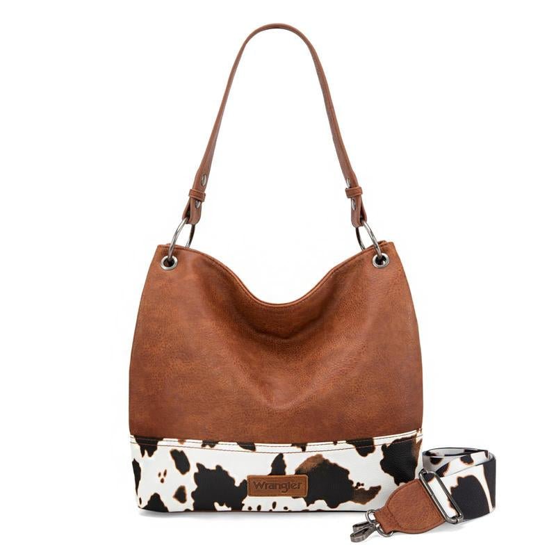 Wrangler Cow Print Hobo Bag Vegan Leather for Woman with Wide Guitar Strap - Open Season Industries