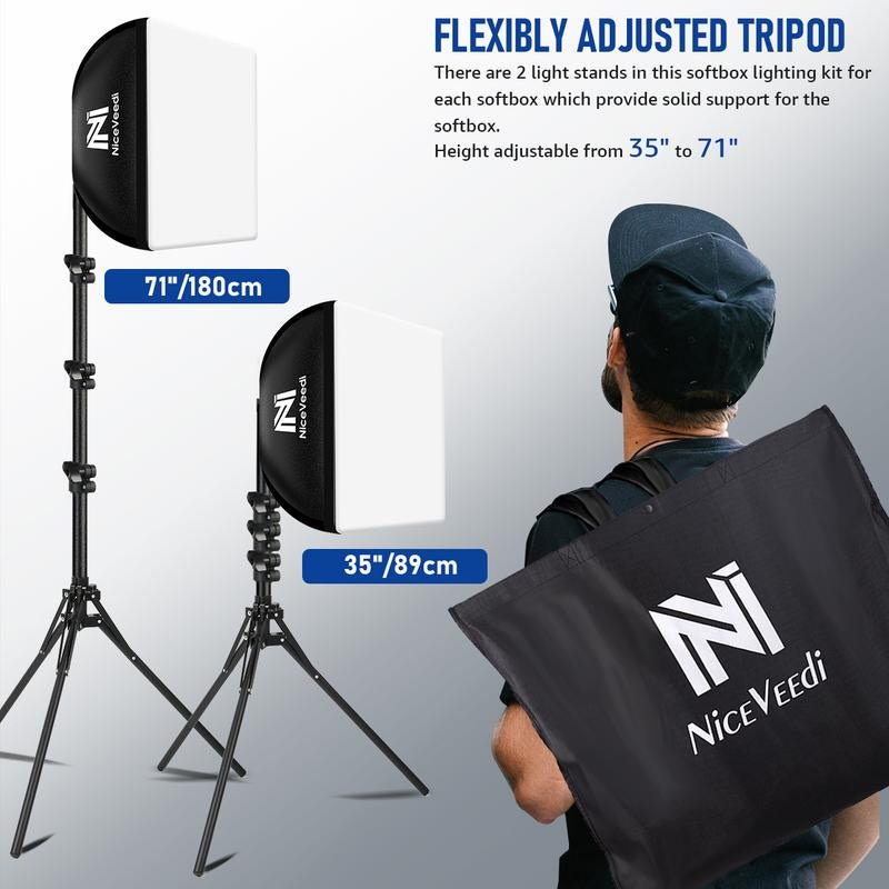 Softbox Lighting Kit, Niceveedi 2 - Pack 16'' X 16'' Softbox Photography Lighting Kit with 63” Tripod Stand & 5400K 450W Equivalent LED Bulb, Continuous Lighting for Photography/Video Record - Open Season Industries