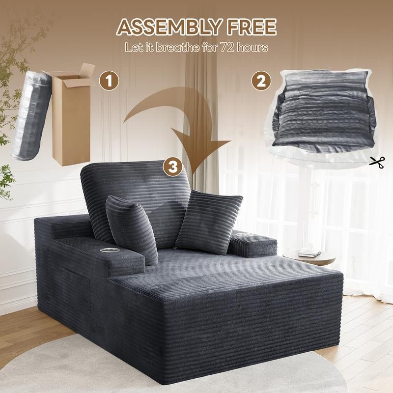 LIKIMIO 49" Oversized Chaise Lounge Sofa Bed with 2 Cup Holders & Storage Pocket - Plush Corduroy Upholstered, No Assembly Cloud Couch for Living Room, Bedroom, or Reading Nook - Open Season Industries