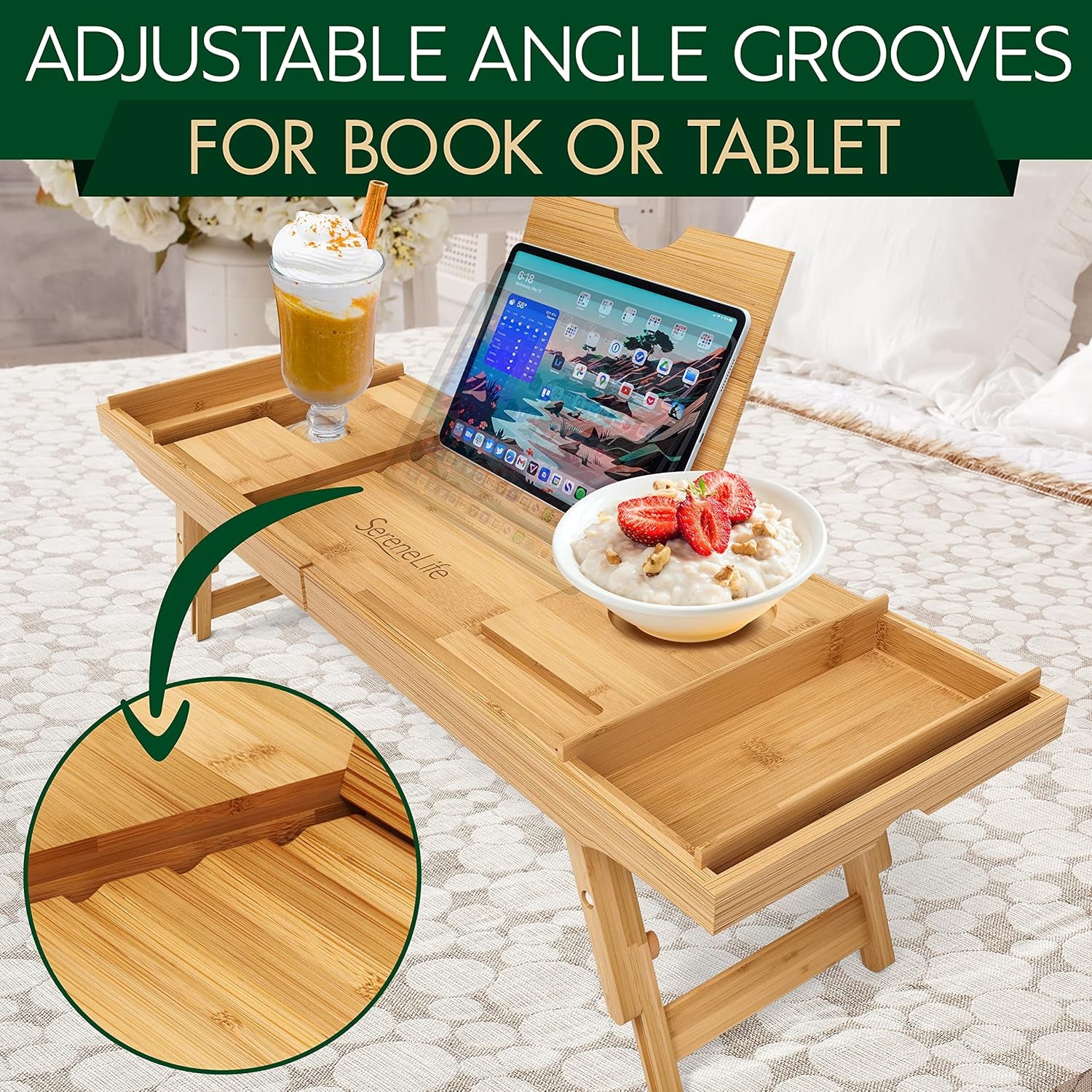 Bath Caddy Breakfast Tray Combo - Natural Bamboo Wood Waterproof Tub and Bed with Folding Slide - Out Arms, Device Grooves, Wine Glass Soap Holder - Open Season Industries