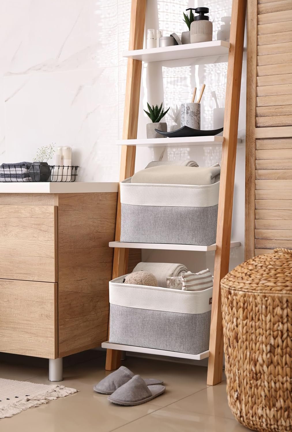 Storage Baskets for Shelves - Fabric Closet Organizers and Storage Bins, Perfect Baskets for Organizing Closet Toys Nursery (Grey and White, Large - 4 Pack) - Open Season Industries