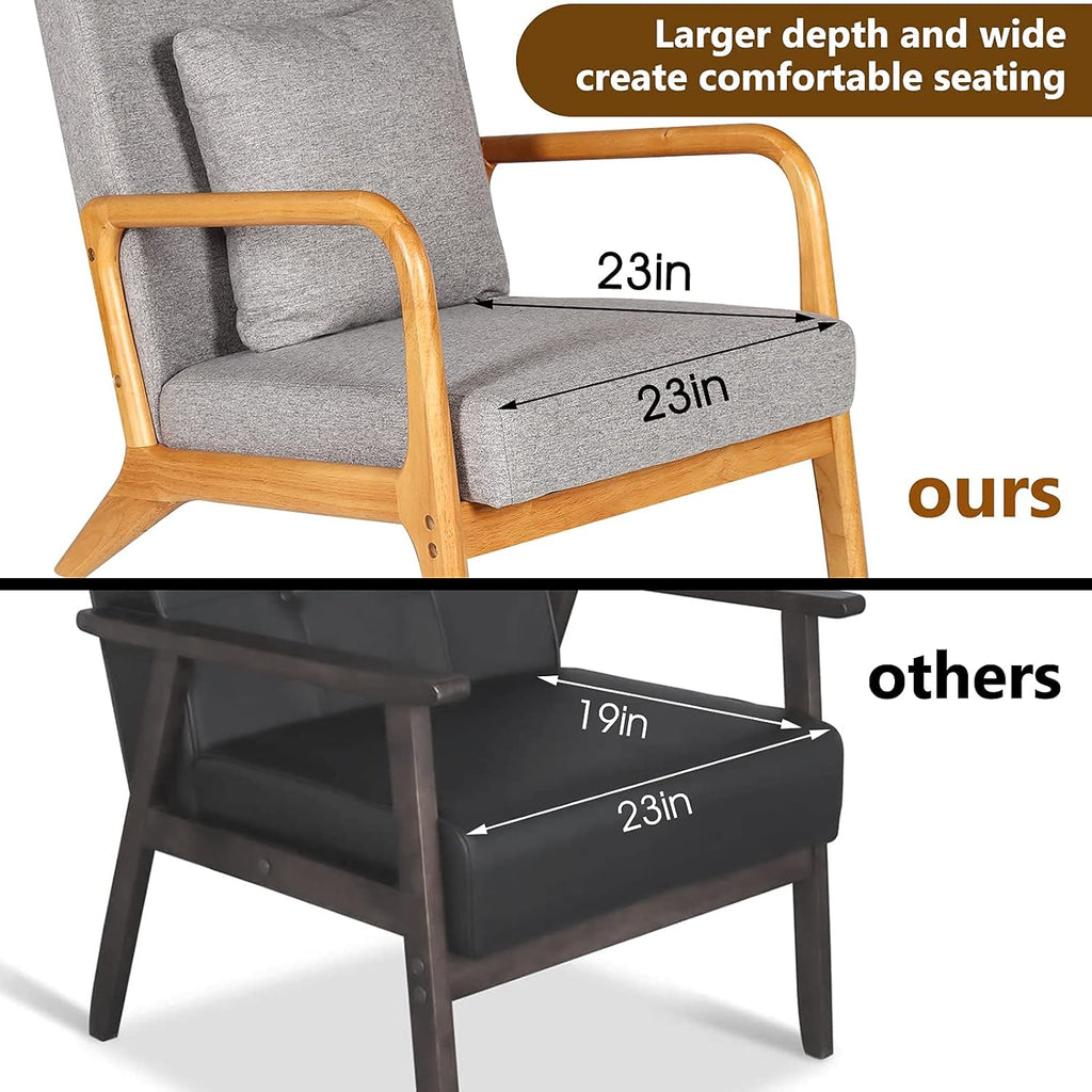 Accent Chair, Mid - Century Modern Side Chairs for Living Room, Bedroom, Balcony, Reading Room, Deeper Sitting Chair with Pillow, Armchair with Solid Wood Frame & Soft Cushion, Grey - Open Season Industries