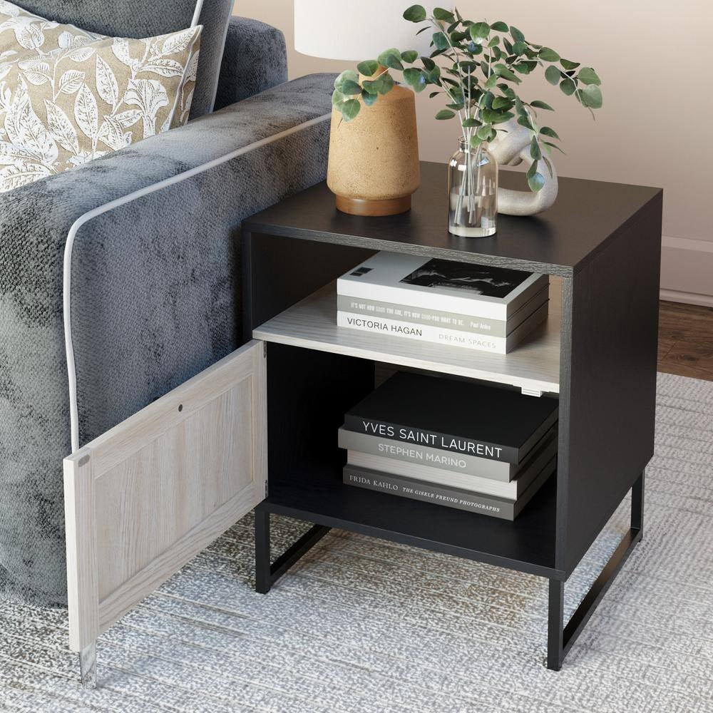 Mina Black Oak/Black Accent Table with Rattan Storage Door Living Room End Table or Bedroom Nightstand - Open Season Industries
