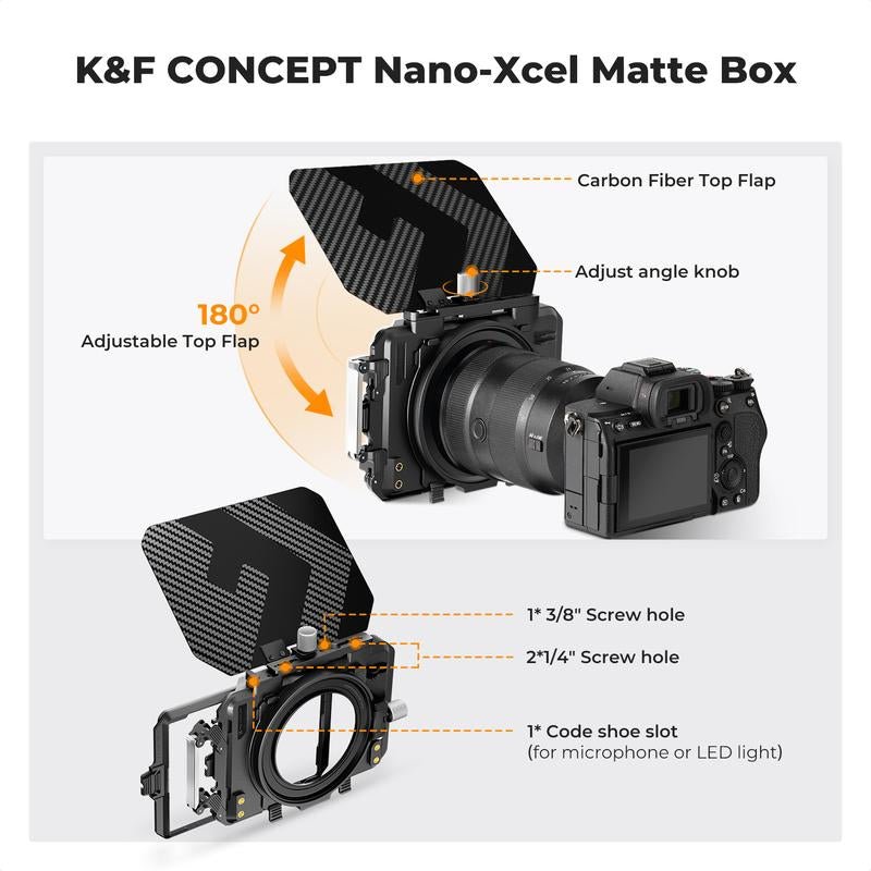 【K&F Concept】Mini Matte Box, DSLR Mattebox with Carbon Fiber Top Flag Square Filters Trays, for 67/72/77/82/95Mm Lenses, for 4X5.65 Square ND UV Filter/Circular Filter - Open Season Industries