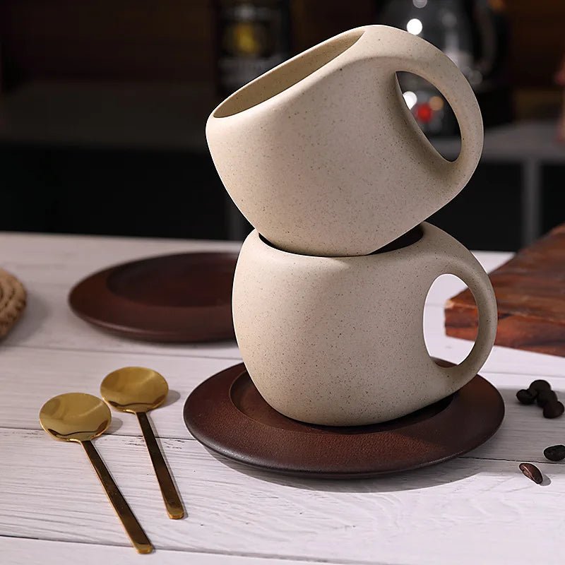 Ceramic Coffee Cup and Saucer Set Retro Latte American Coffee Cup Wooden Coasters Tea Cups Spoon Flower Cups. - Open Season Industries
