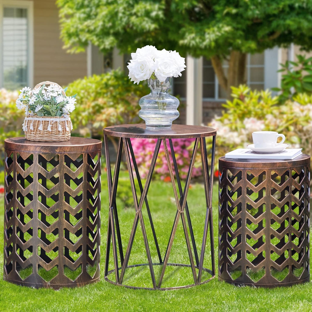 Multifunctional Nesting round Metal Coffee End Tables, Set of 3 Modern Nightstands Decor Side Tables Plant Stand for Home Office Indoor Garden Outdoor - Bronze - Open Season Industries