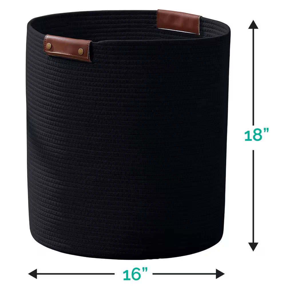 100% Cotton Fabric Rope Storage Basket Basket with Leather Handles 16 In. X 18 In. - Open Season Industries