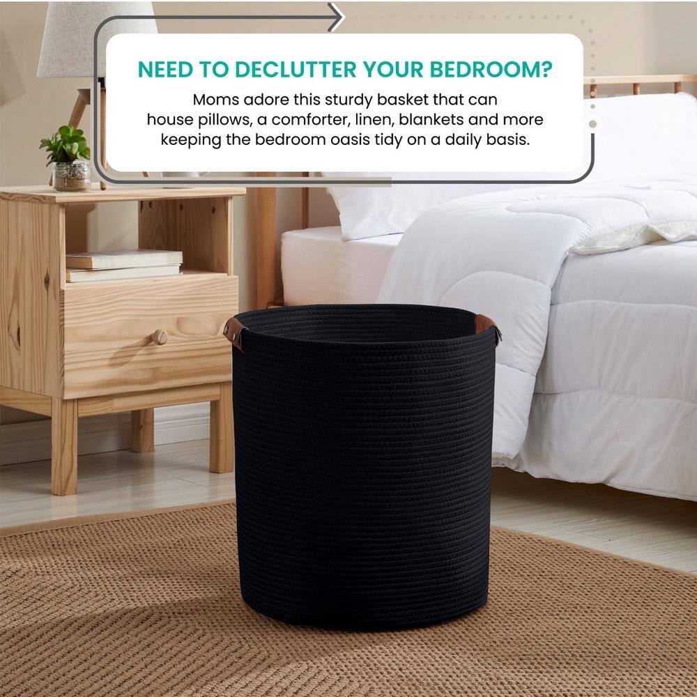 100% Cotton Fabric Rope Storage Basket Basket with Leather Handles 16 In. X 18 In. - Open Season Industries